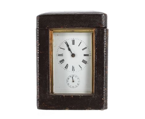 Carriage clock timepiece with alarm, the movement back plate stamped no. 11931, the alarm striking on a bell (missing) under 