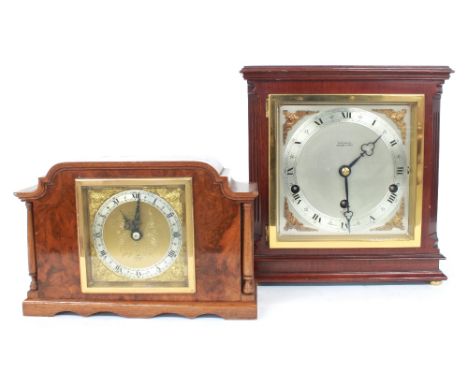 Contemporary mahogany three train mantel clock, the Elliott eight day lever movement playing Westminster and Whittington chim