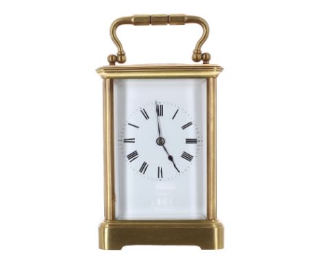 Carriage clock striking on a gong, the movement back plate stamped with the Henri Jacot trademark logo, also stamped to the b