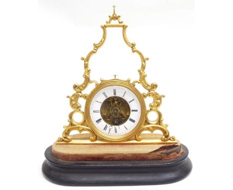 French ormolu skeleton clock, the 4.25" white enamel chapter ring enclosing a skeletonised centre, the movement back plate st