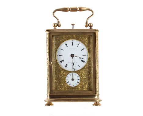 Miniature repeater carriage clock with alarm, striking on a bell (missing) to the recessed base, the 1.5" principal white dia