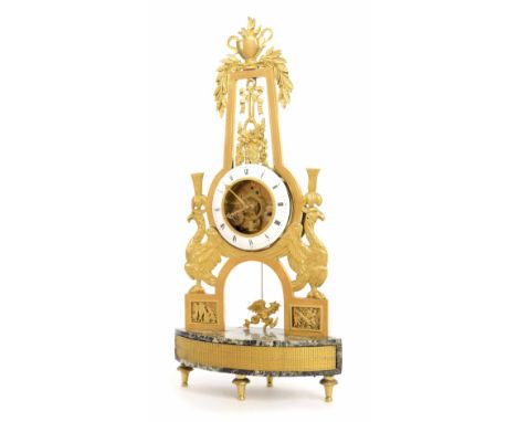 Good French Empire ormolu and green vein marble two train skeleton clock striking on a bell, the 4" white enamel dial enclosi