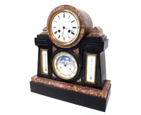 Good French black slate and red veined marble two train drumhead mantel clock with calendar, the 5" principal clock dial over