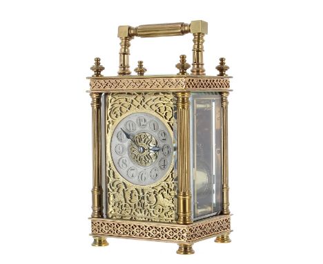 Repeater carriage clock striking on a gong, the movement back plate stamped French Make, no. 3467, the 2" silvered concave ch