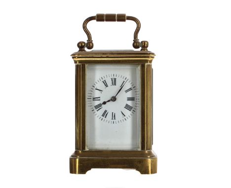 French miniature carriage clock timepiece, within a corniche brass case, 4" high; also with outer Morocco leather travelling 
