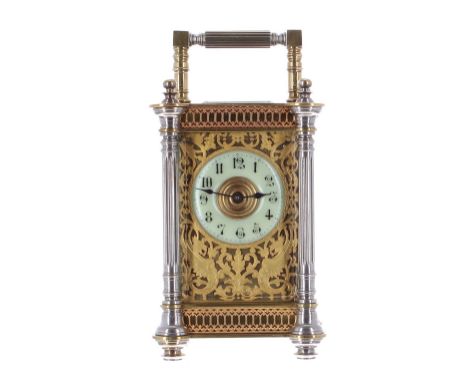 Carriage clock timepiece, the movement back plate stamped with the Richard &amp; Cie trademark logo, the 1.75" cream chapter 