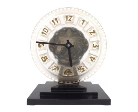 ATO Art Deco electric mantel clock, the 8.5" frosted dial in the manner of Lalique with gilt block Arabic raised numerals, su