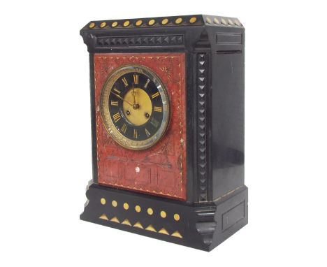 Arts &amp; Crafts style black slate and red marble two train mantel clock striking on a gong, 15" high (pendulum and detached