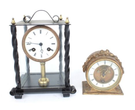 French two train pillar clock striking on a bell, the 3" white dial signed Henry Marc, Paris, within a wrought iron framed fo