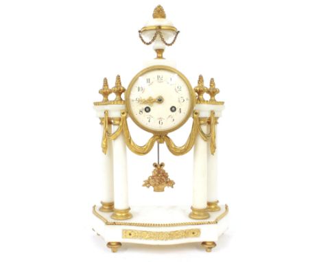 French white marble and gilt metal two train portico mantel clock, the Samuel Marti movement striking on a bell, the 3.5" cre