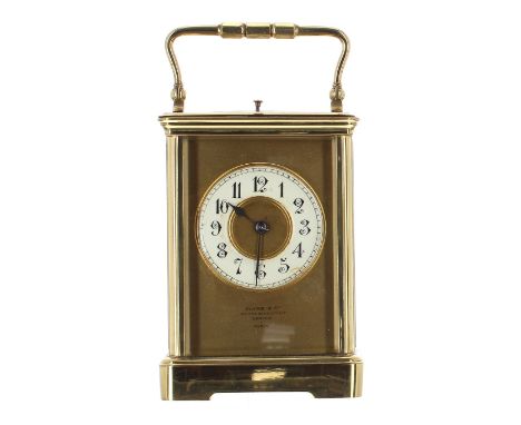 Repeater carriage clock striking on a gong, the movement back plate stamped no. 48, the 2.25" cream chapter ring within a gil