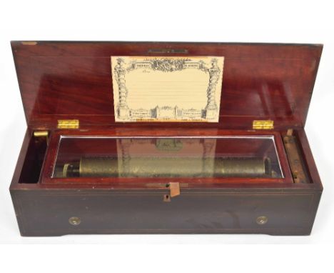 Rosewood Nicole Freres music box, with 13 1/8" cylinder and tune sheet (not inscribed), stamped Nicole Freres Geneve, no. 419