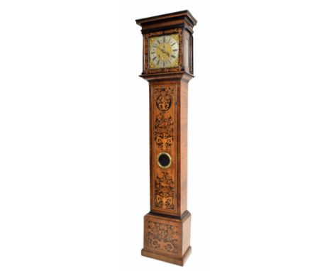 Fine walnut and marquetry month going longcase clock with five pillar movement, the 11.5" square brass dial with silvered cha