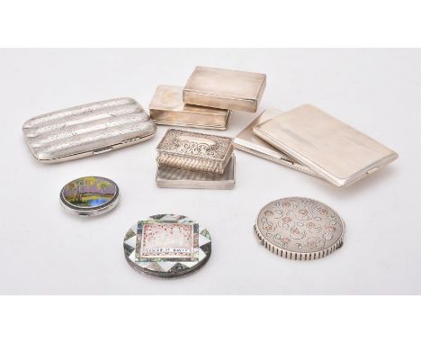 
	
		Y&nbsp;A collection of silver and silver mounted boxes, to include: a rectangular engine turned cigarette case by Adie B