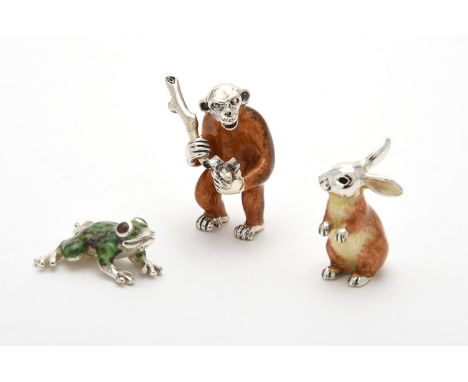 
	
		Silver and enamel models of a monkey, frog and a rabbit, probably by Saturno, sponsor's marks for Casa Julia Internation