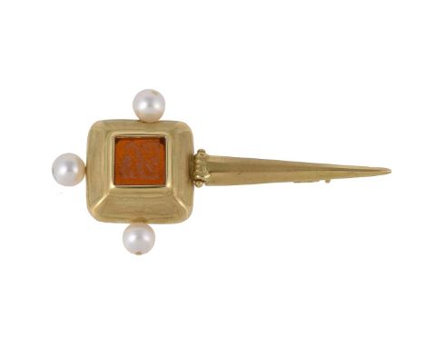 
	
		An Italian gold coloured cultured pearl and paste brooch, the brooch with a pressed orange paste panel, within a gold co
