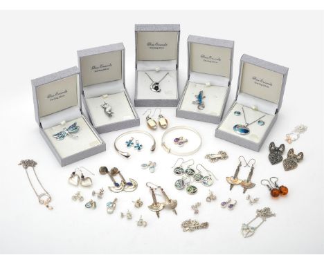 
	
		A collection of various silver and silver coloured jewellery, to include various earrings; bracelets; brooches; stamped 