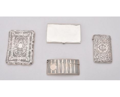 
	
		A Victorian silver shaped rectangular card case by Alfred Taylor, Birmingham 1864, engraved with strapwork and floral sp