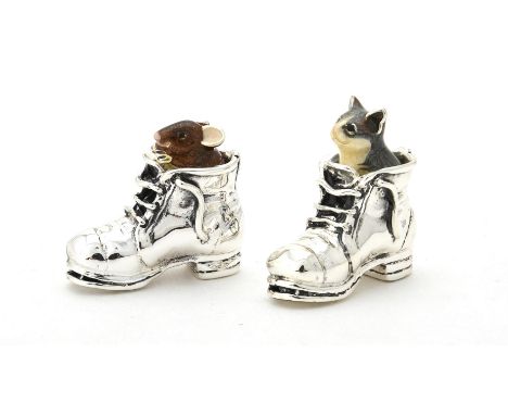 
	
		A silver and enamel model of a mouse and a cat in a boot, probably by Saturno Silver, sponsor's marks for Casa Julia Int