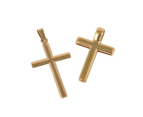 
	
		Two gold coloured cross pendants, comprising a polished cross signed Baraka, stamped 750 with Italian control marks, 3.9