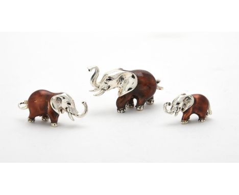 
	
		Three silver and enamel elephants, probably by Saturno Silver, sponsor's marks for Casa Julia International, the smalles