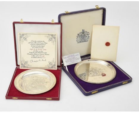 
	
		Two cased commemorative plates, the first the British Empire Plate commemorating the 75th anniversary of the Diamond Jub