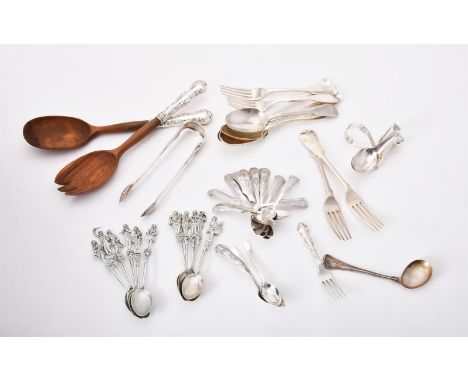
	
		A collection of silver and silver coloured flatware, to include: three Victorian fiddle pattern dessert forks by Joseph 