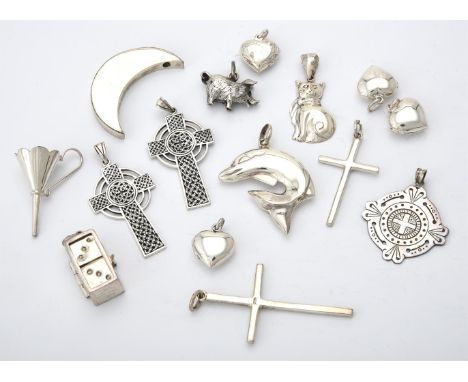 
	
		A collection of silver and coloured pendants, including heart shaped lockets; dolphin pendants; cat pendants; Celtic cro