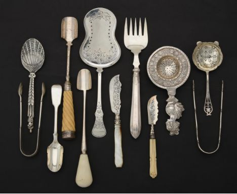 
	
		Y&nbsp;A collection of silver and silver mounted flatware, to include: a George III silver stilton scoop William Eley &a