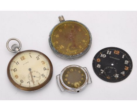 
	
		Cyma, 
		Military base metal keyless wind open face pocket watch, no. 058289 
		Movement: Swiss lever, 15 jewels
		Case: