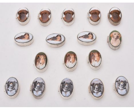 
	
		A collection of silver and enamel boxes, London marks, painted with dogs, 4cm (1 1/2in) long, approximately 330g (10 oz)