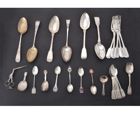 
	
		A collection of silver flatware, to include: a set of four George III fiddle pattern table forks by Sarah &amp; John Wil