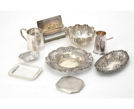 
	
		A collection of silver items, to include: a Regency slightly tapered silver mug, marker's mark ...B, London 1820, with a