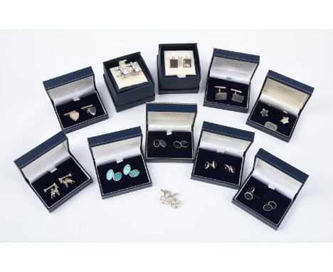 
	
		A collection of silver cufflinks, to include three pairs of black stone cufflinks, with belcher link connectors; a pair 