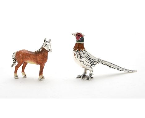 
	
		A silver coloured and enamel model of a pheasant, probably by Saturno Silver, stamped 925, 7cm (2 3/4in) long; and a sil