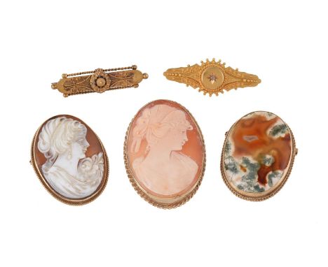 
	
		A small collection of brooches, comprising  a late Victorian brooch, with ropetwist and beaded detail, with a rose cut d