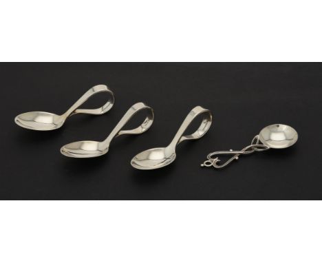 
	
		Three silver caddy spoons, maker's mark HJ, London 2008, with loop handles, 8.5cm (3 1/2in) long; and a silver luckenboo