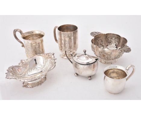 
	
		A collection of silver items, to include: a Victorian silver mug by Hukin &amp; Heath, Birmingham 1898, with a loop hand