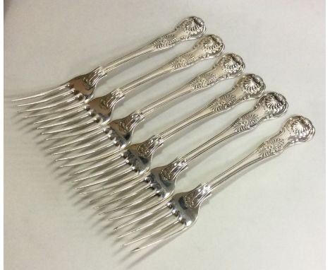 PAUL STORR: A rare set of six heavy Kings' pattern silver forks with crested terminals. London. Approx. 543 grams. Est. £600 