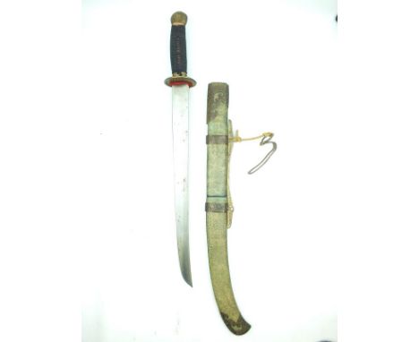 A late 19th or early 20th Century Chinese Sword, 46.5cm double fullered blade, characteristic brass hilt decorated with scrol