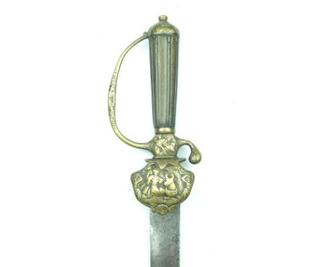 An 18th Century hunting hanger, 56.5cm fullered blade stamped with a running boar on one side and a stag to the other, brass 