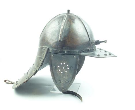 A Copy of an English Civil War Period Lobster Pot Helmet (Zischagge), the single piece skull with four lame tail with turned 