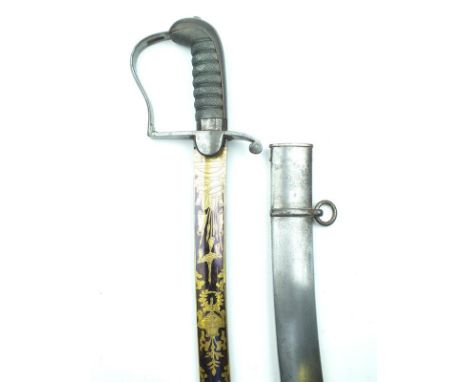 A good 1796 Pattern Cavalry Officer's sword, 81.5cm sharply curved blade etched, blued and gilt along three-quarters of its l