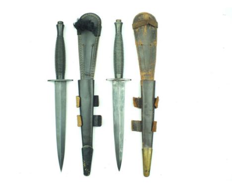 Two Third Pattern Commando knives, the first with 17.5cm flattened diamond section blade and etched Belle Bowie SHEFFIELD MAD