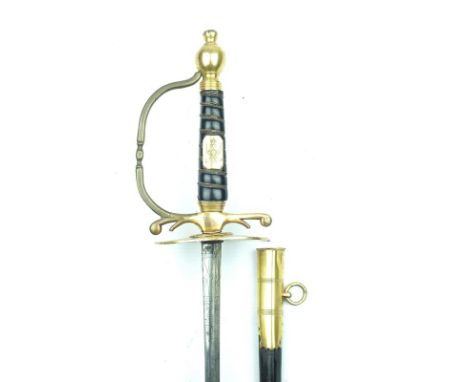 A Georgian gilt hilted Naval Small Sword, 81.5cm triangular section incurved blade decorated with stands of arms, scrolling f