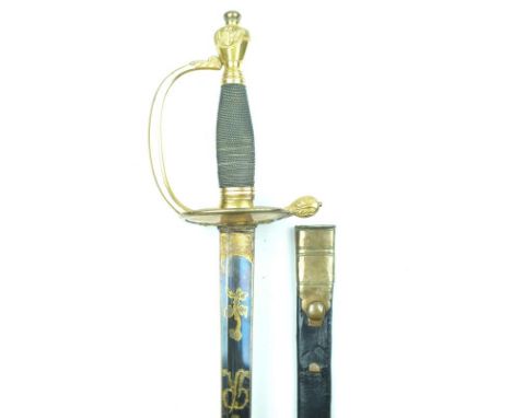 A 1796 Pattern Infantry Officer's sword, 82cm fullered blade decorated with crowned GR cypher, Royal Arms, floral sprays and 