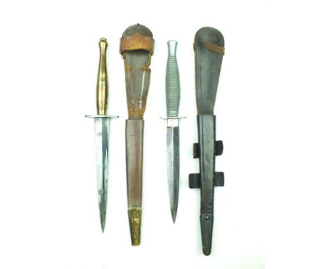 A Second Pattern Fairbairn-Sykes fighting knife, 16.75cm flattened diamond section blade, regulation chequered brass hilt, no