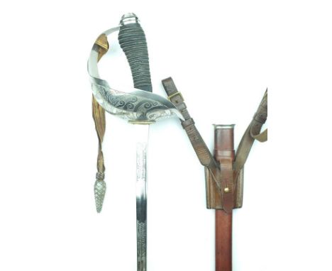 A GVIR 1912 Pattern Cavalry Officer's sword, 88.5cm blade etched with scrolling foliage, crowned Royal Arms and GVIR cypher, 