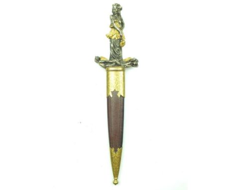 A fine 19th Century Spanish figural hilted dagger, 16.5cm flattened diamond section blade, polished, etched and gilt with fol
