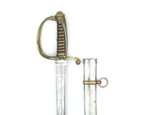 A Prussian Officer's Sabre, 85.5cm curved blade with clipped back point, etched with stands of arms a crowned W and a Prussia
